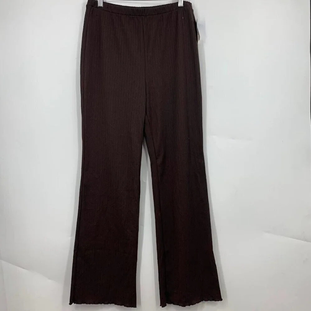 Abound Womens Ribbed Pull On Lettuce Hem Wide Leg Pants in Brown Coffee SZ M NWT